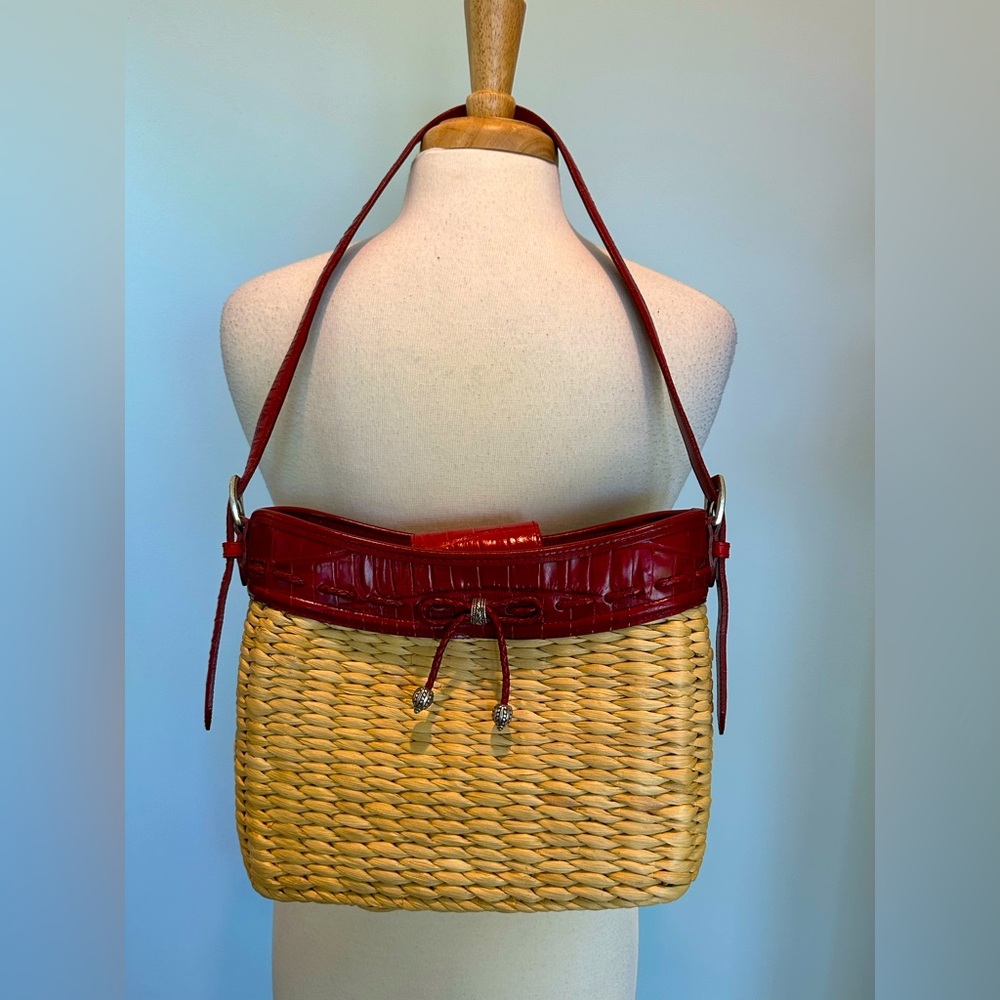Brighton Red Leather and Tan Woven Hobo Bag